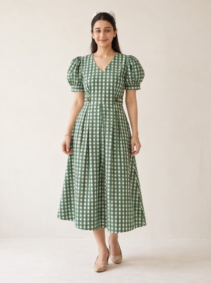 Olive Green Gingham Checked Midi Dress