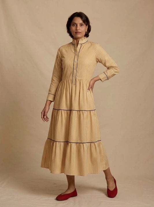 Mustard Yellow Striped Tiered Midi Dress