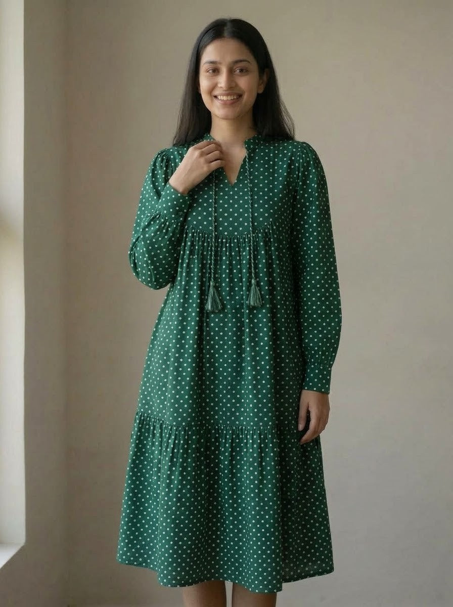 Emerald Green Polka Dot Tiered Midi Dress