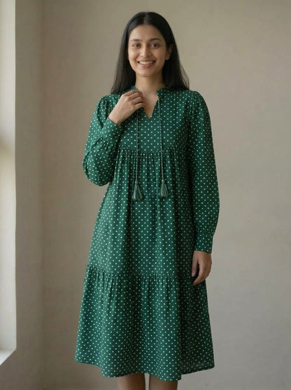Emerald Green Polka Dot Tiered Midi Dress