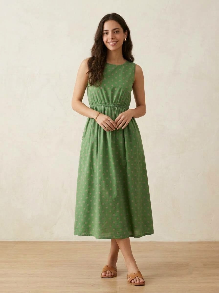 Green & Pink Polka Dot Midi Dress