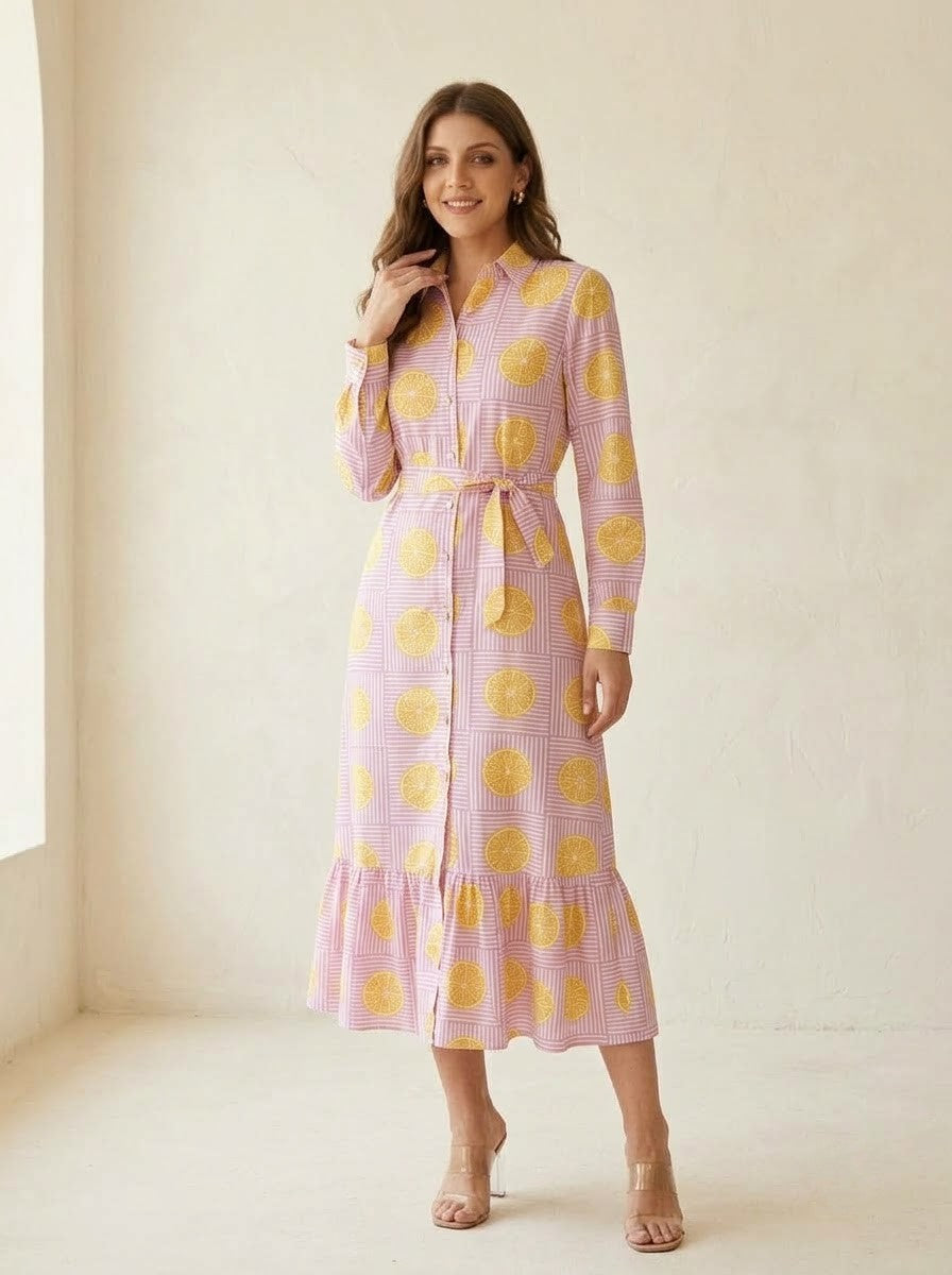 Pink Striped & Yellow Citrus Lemon Printed Maxi Dress