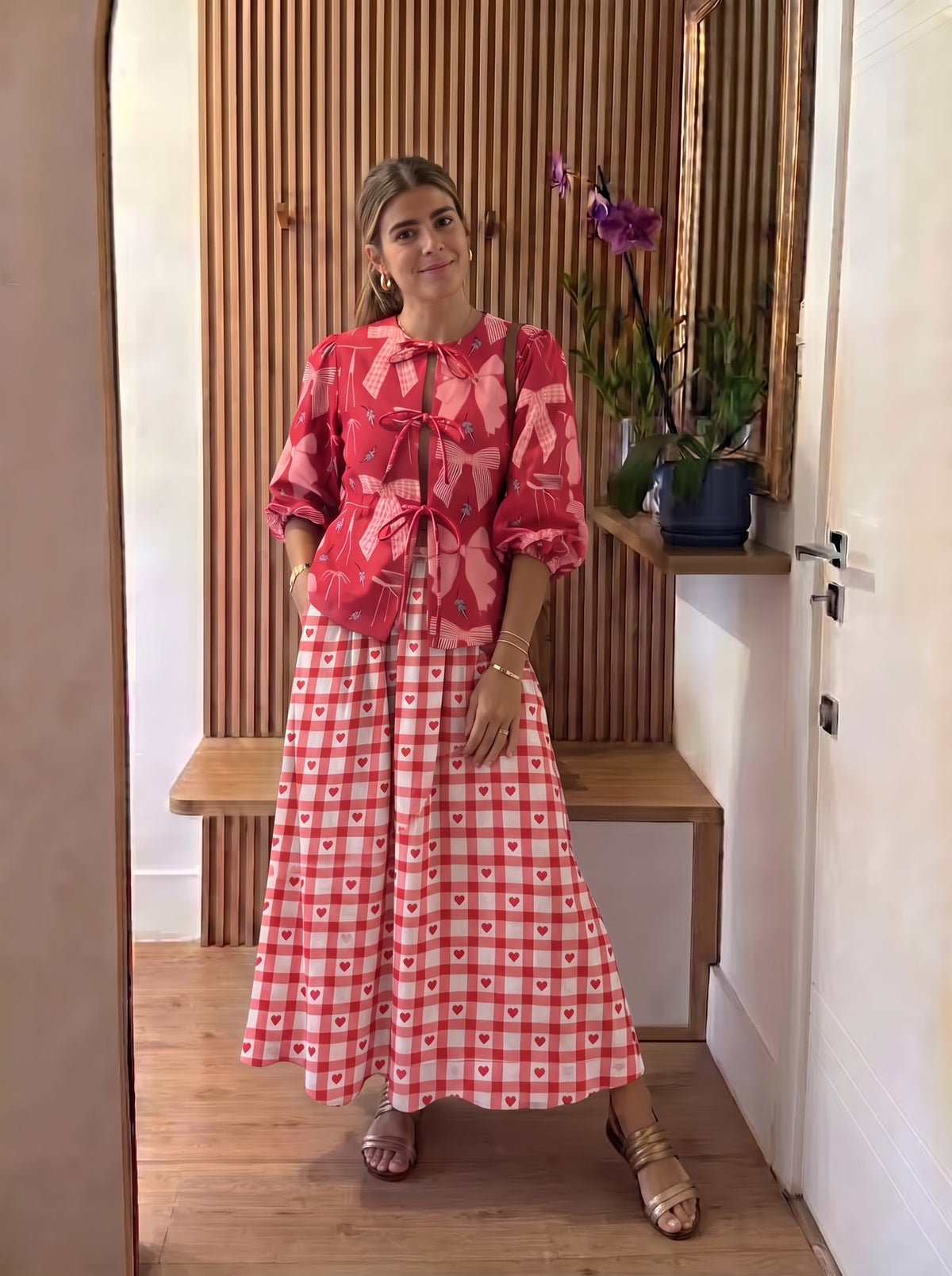 Red Ribbon Bow Printed Checkered Skirt Set