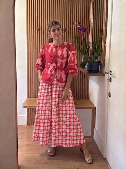 Red Ribbon Bow Printed Checkered Skirt Set