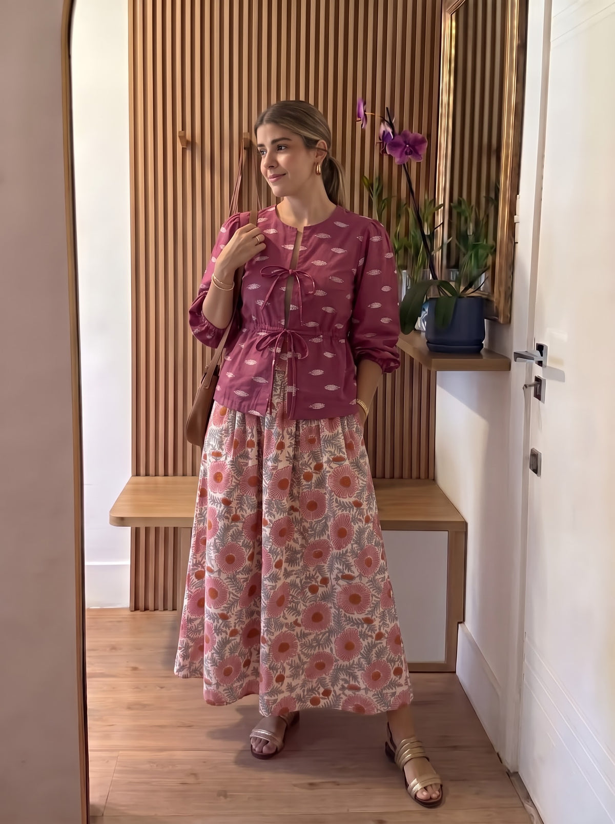 Mauve Printed Floral Flared Skirt Set