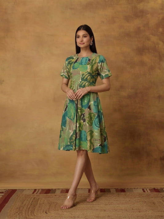 Green Floral Leaf Print Flared Dress