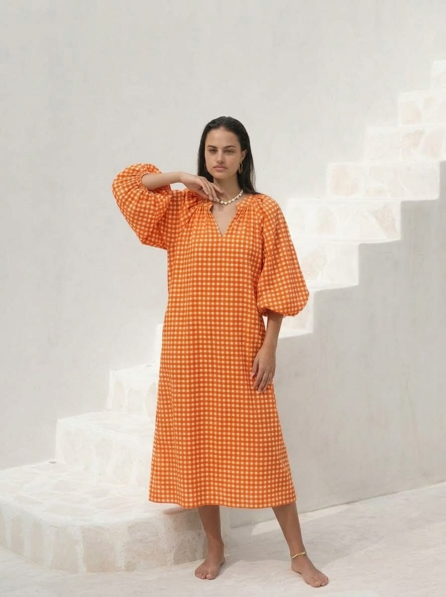 Vibrant Orange Gingham Checked Midi Dress