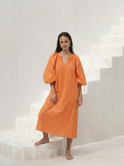 Vibrant Orange Gingham Checked Midi Dress