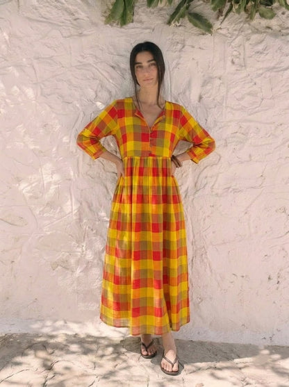 Multicolor Plaid Check V-Neck Maxi Dress