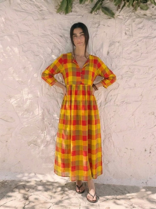 Multicolor Plaid Check V-Neck Maxi Dress