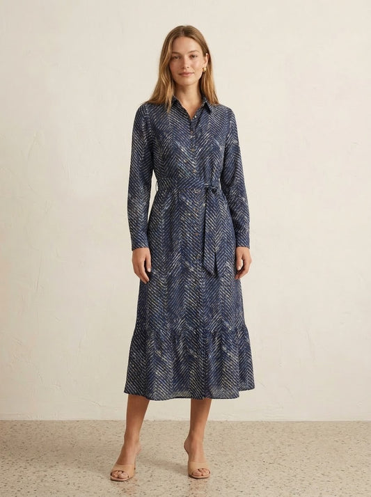 Navy Blue Chevron Printed Maxi Dress