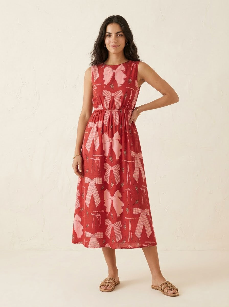 Red Ribbon Bow Printed Midi Dress