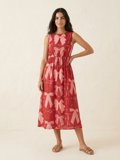 Red Ribbon Bow Printed Midi Dress