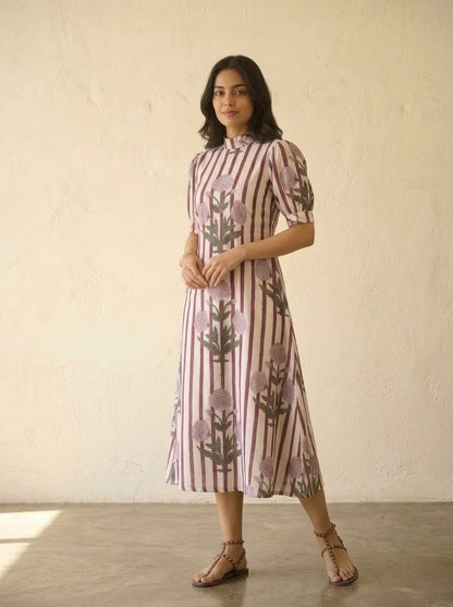 Elegant Maroon & Lilac Floral Striped Midi Dress