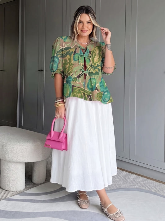Green Tropical Floral Printed Flared Skirt Set
