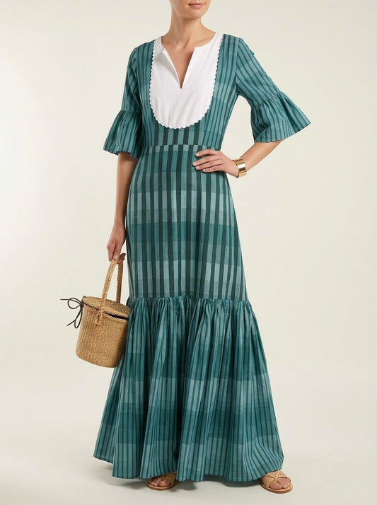 Elegant Green Plaid-Striped Tiered Maxi Dress