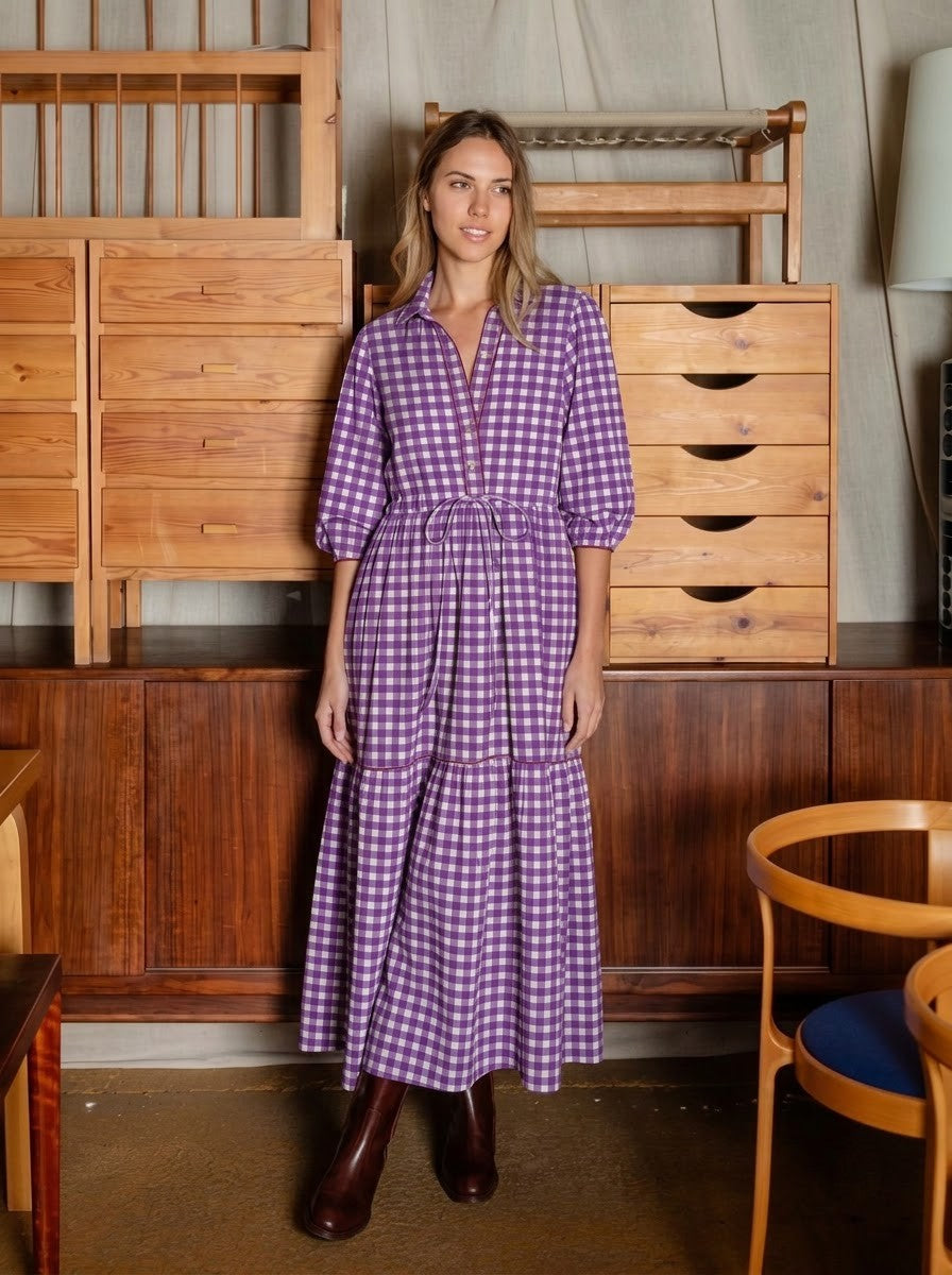 Purple Gingham Checked Tiered Maxi Dress