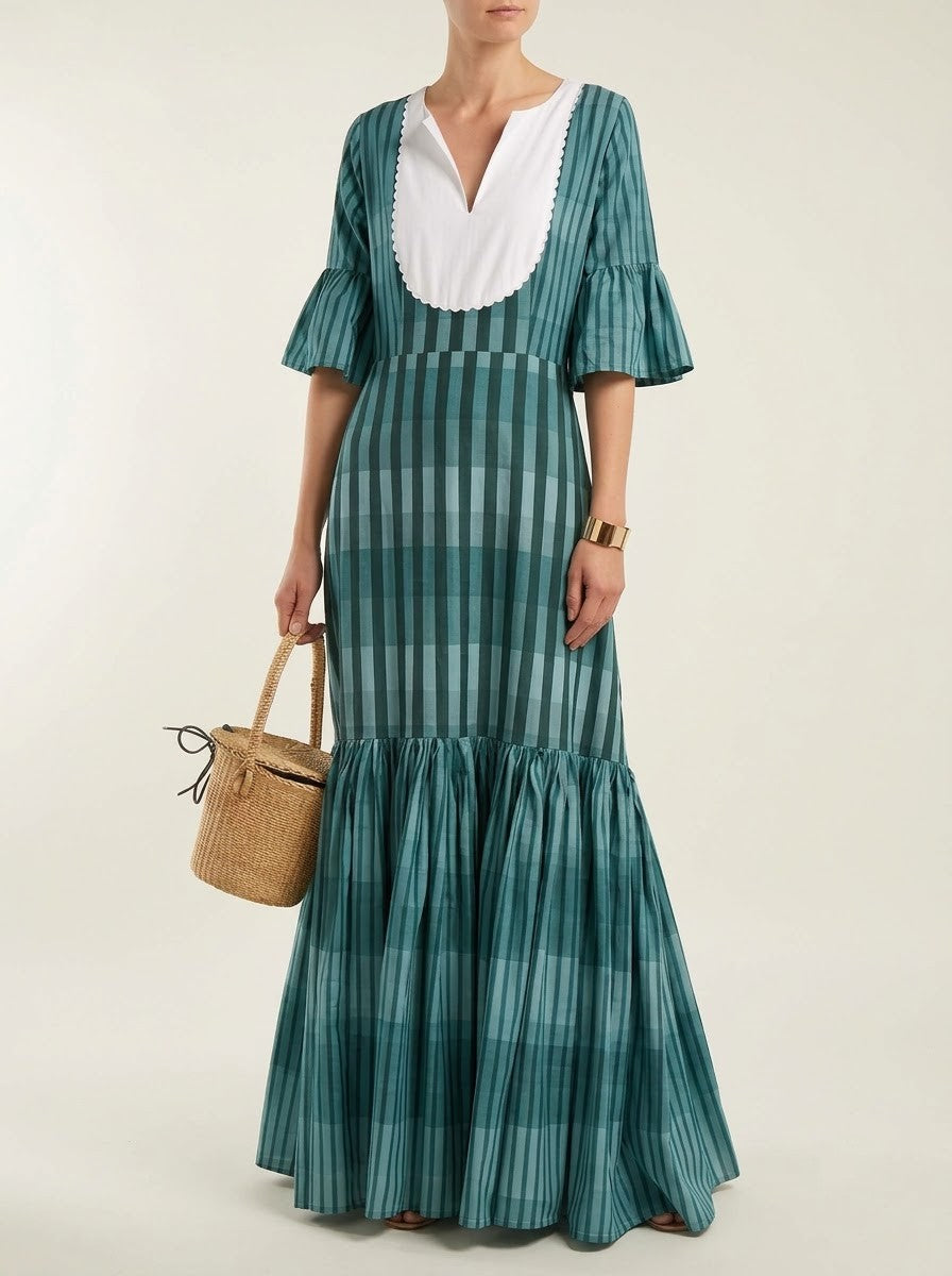 Elegant Green Plaid-Striped Tiered Maxi Dress