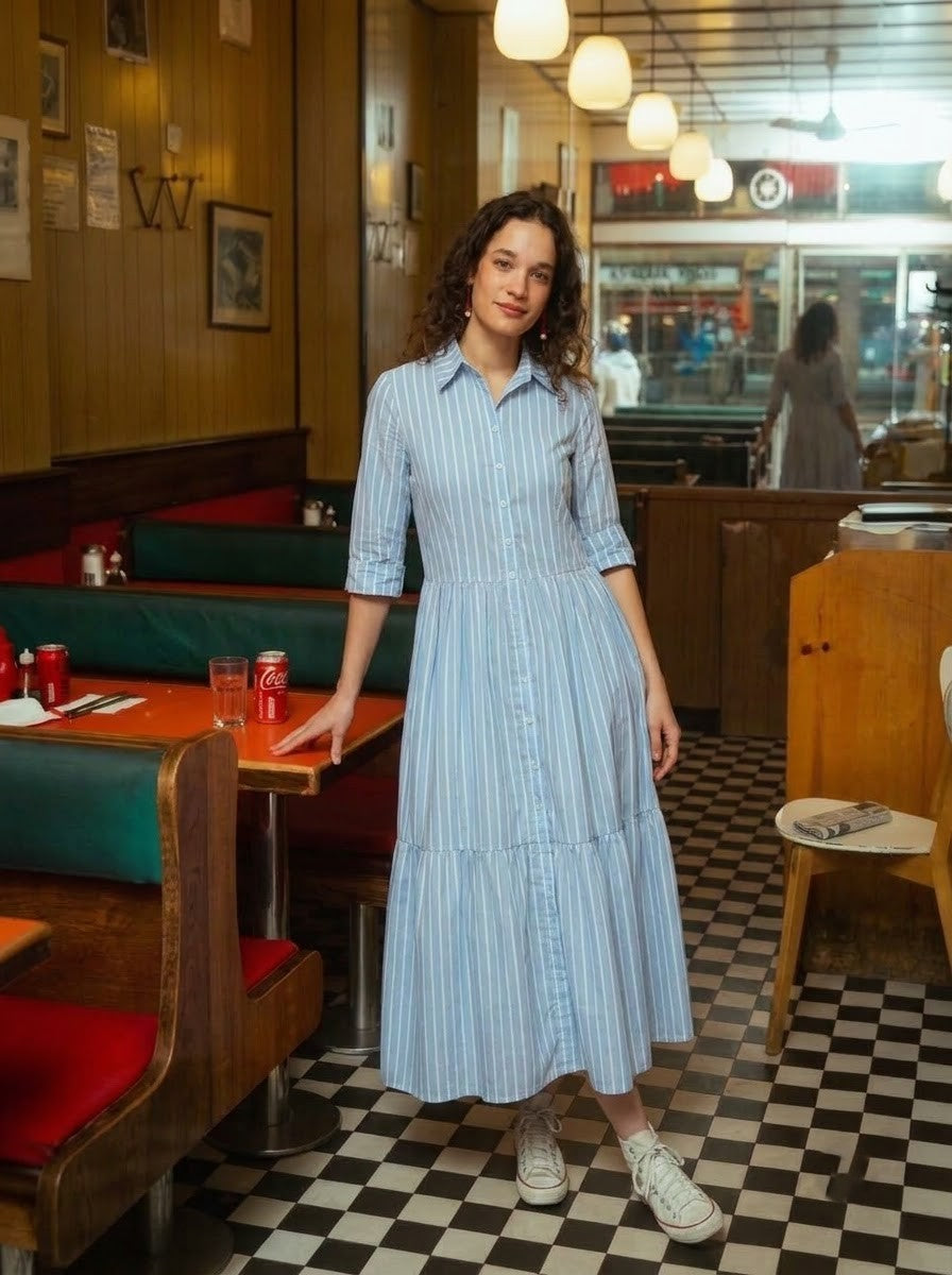 Sky Blue Striped Shirt Maxi Dress