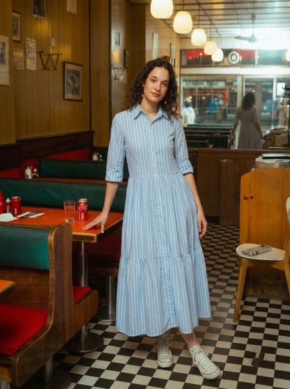 Sky Blue Striped Shirt Maxi Dress