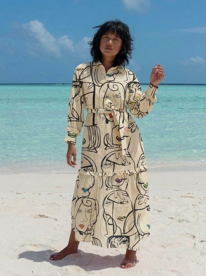 Beige Abstract Face Art Printed Maxi Dress