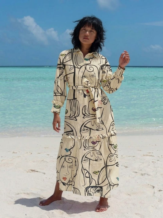 Beige Abstract Face Art Printed Maxi Dress