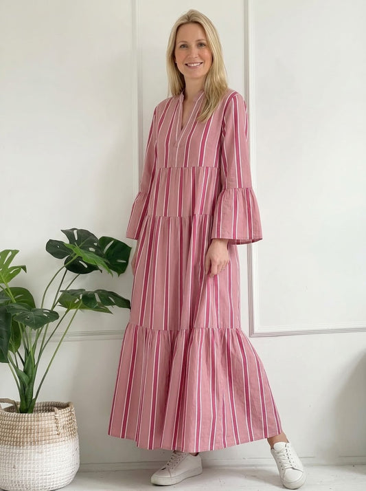 Dusty Pink & Magenta Striped Tiered Maxi Dress