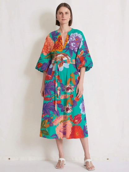 Teal Green Floral Print Belted Midi Dress