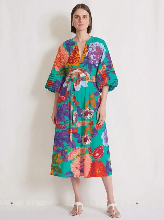 Teal Green Floral Print Belted Midi Dress