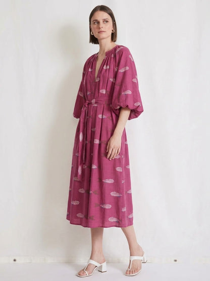 Magenta Pink Printed Belted V-Neck Midi Dress