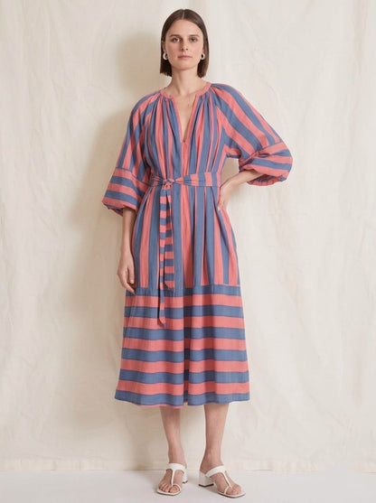 Elegant Coral & Blue Striped Midi Dress