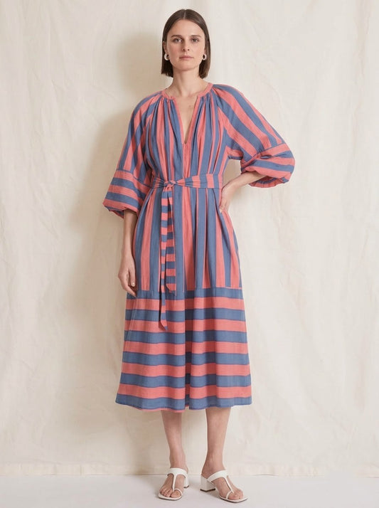 Elegant Coral & Blue Striped Midi Dress