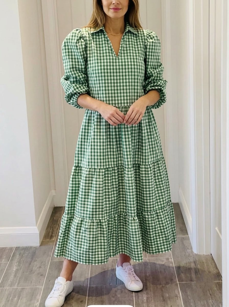 Green Gingham Checked Tiered Maxi Dress