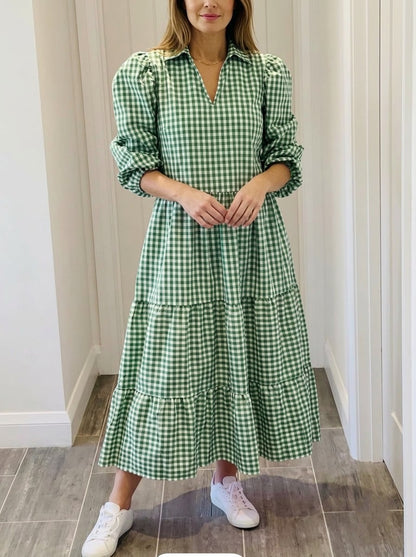 Green Gingham Checked Tiered Maxi Dress