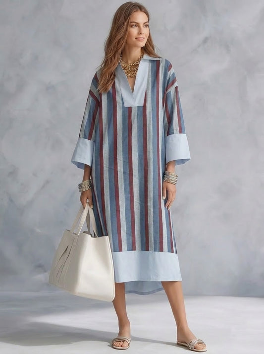 Blue & Maroon Vertical Striped Maxi Dress