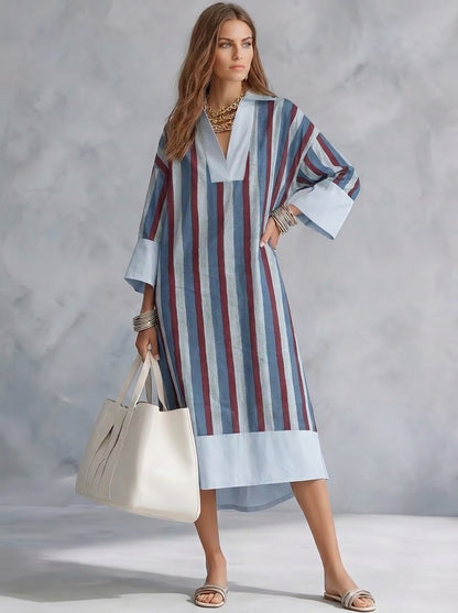 Blue & Maroon Vertical Striped Maxi Dress