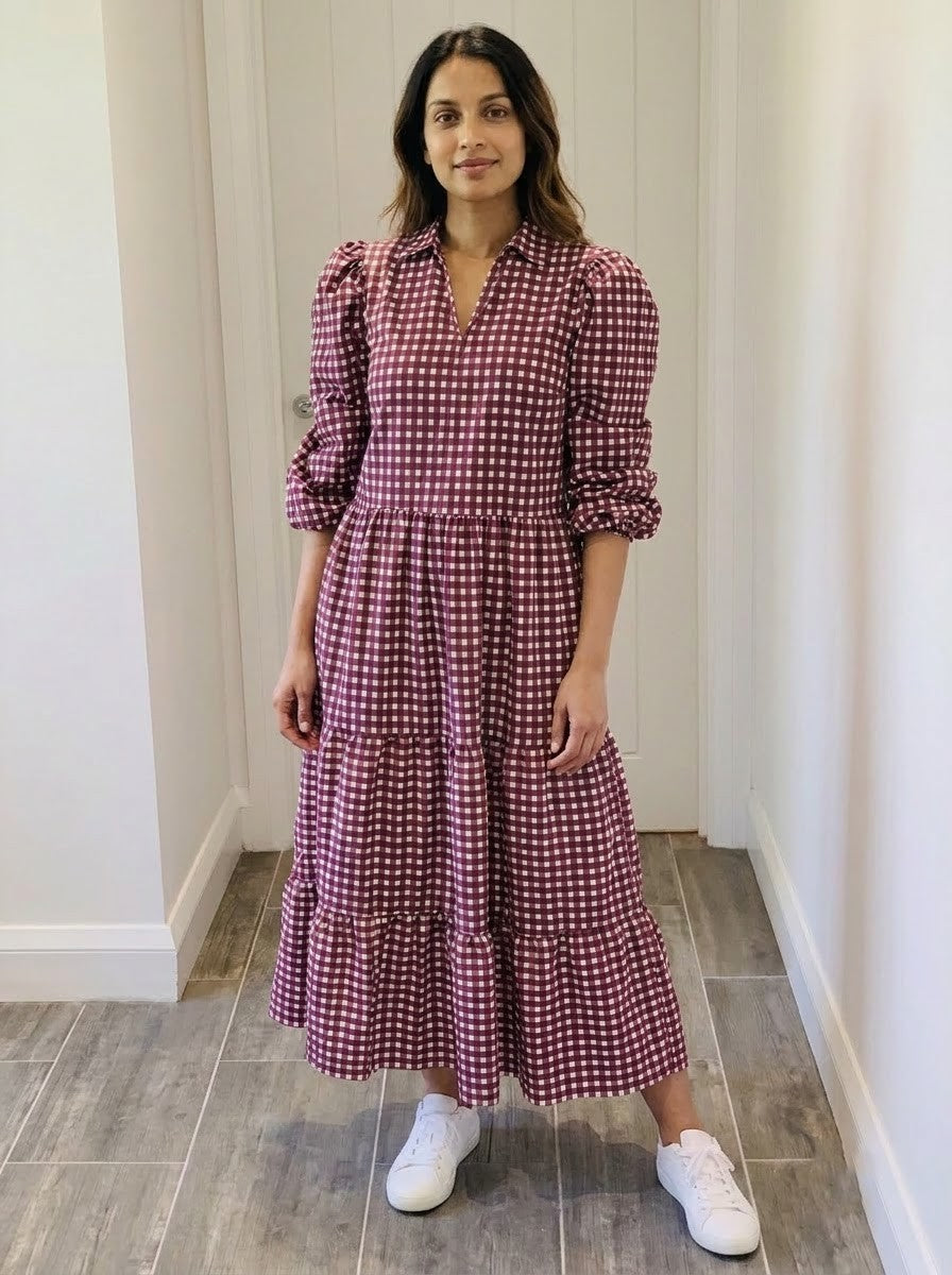 Maroon & White Gingham Checked Maxi Dress