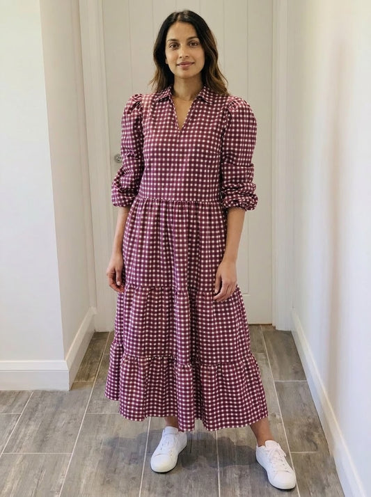 Maroon & White Gingham Checked Maxi Dress