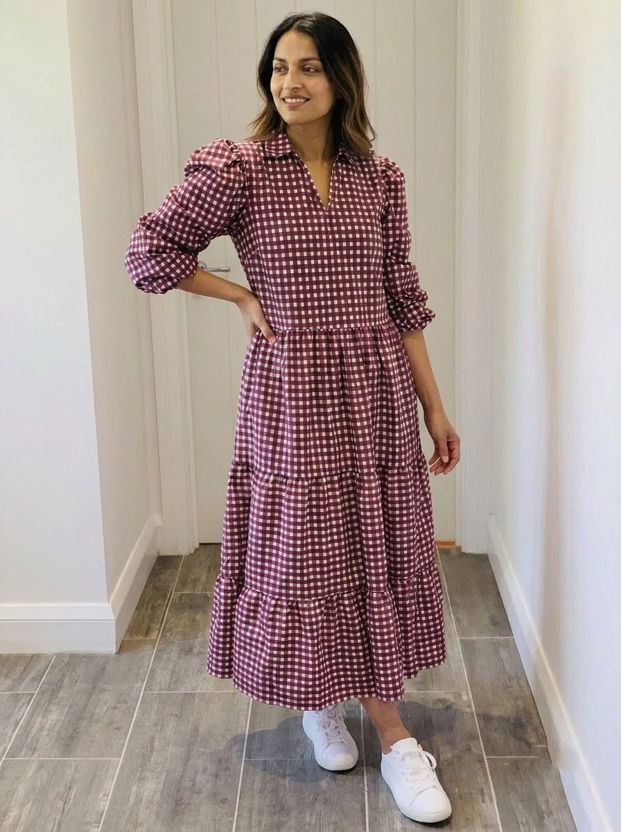 Maroon & White Gingham Checked Maxi Dress