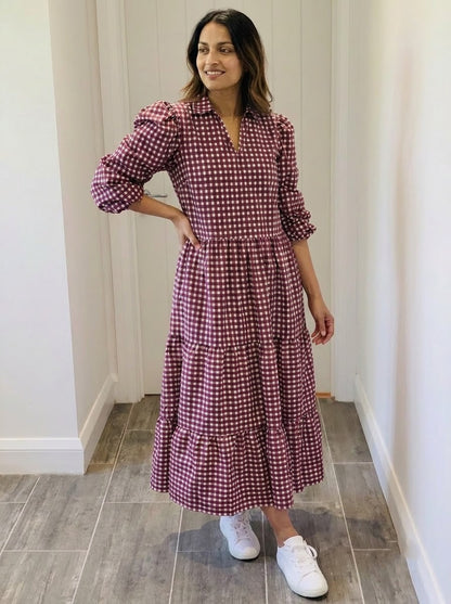 Maroon & White Gingham Checked Maxi Dress