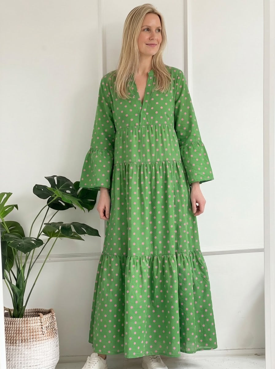 Green & Pink Polka Dot Tiered Maxi Dress