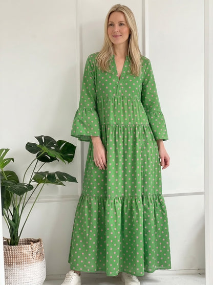 Green & Pink Polka Dot Tiered Maxi Dress