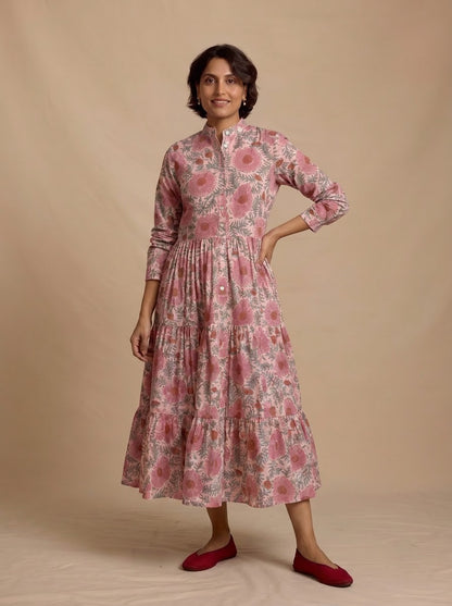 Elegant Pink Floral Printed Midi Dress