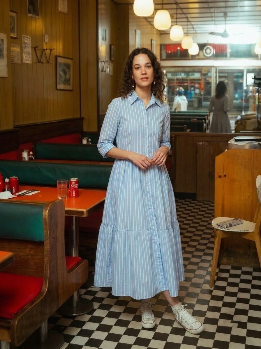 Sky Blue Striped Shirt Maxi Dress
