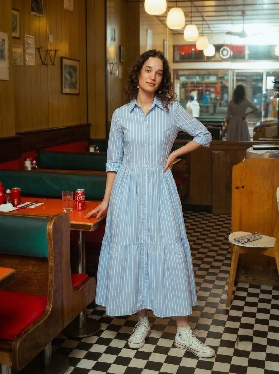 Sky Blue Striped Shirt Maxi Dress
