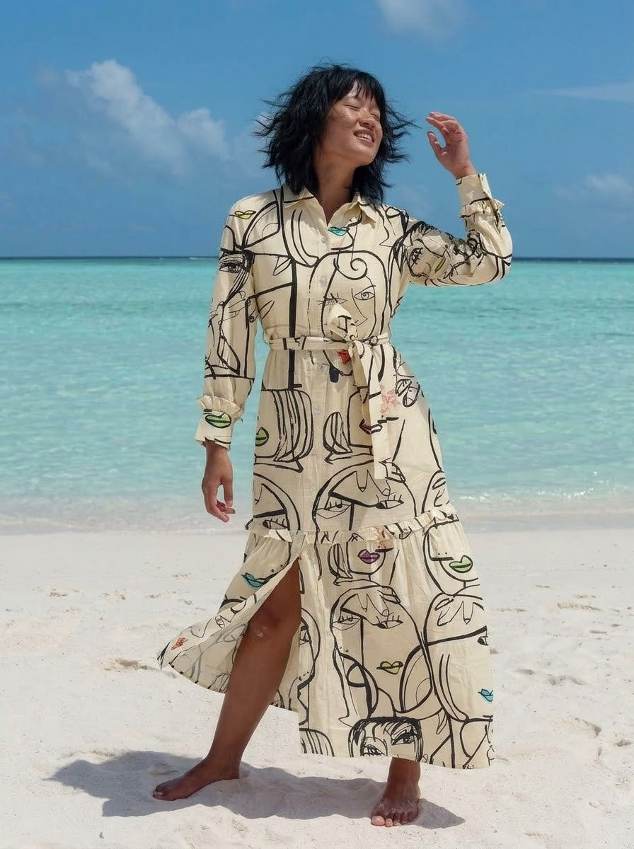 Beige Abstract Face Art Printed Maxi Dress