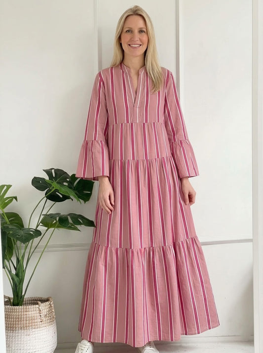 Dusty Pink & Magenta Striped Tiered Maxi Dress