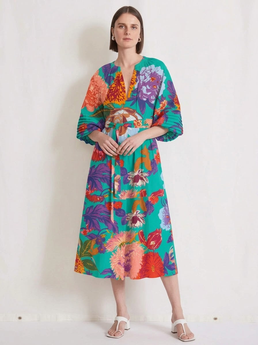 Teal Green Floral Print Belted Midi Dress