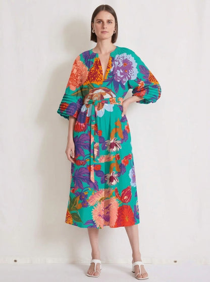 Teal Green Floral Print Belted Midi Dress
