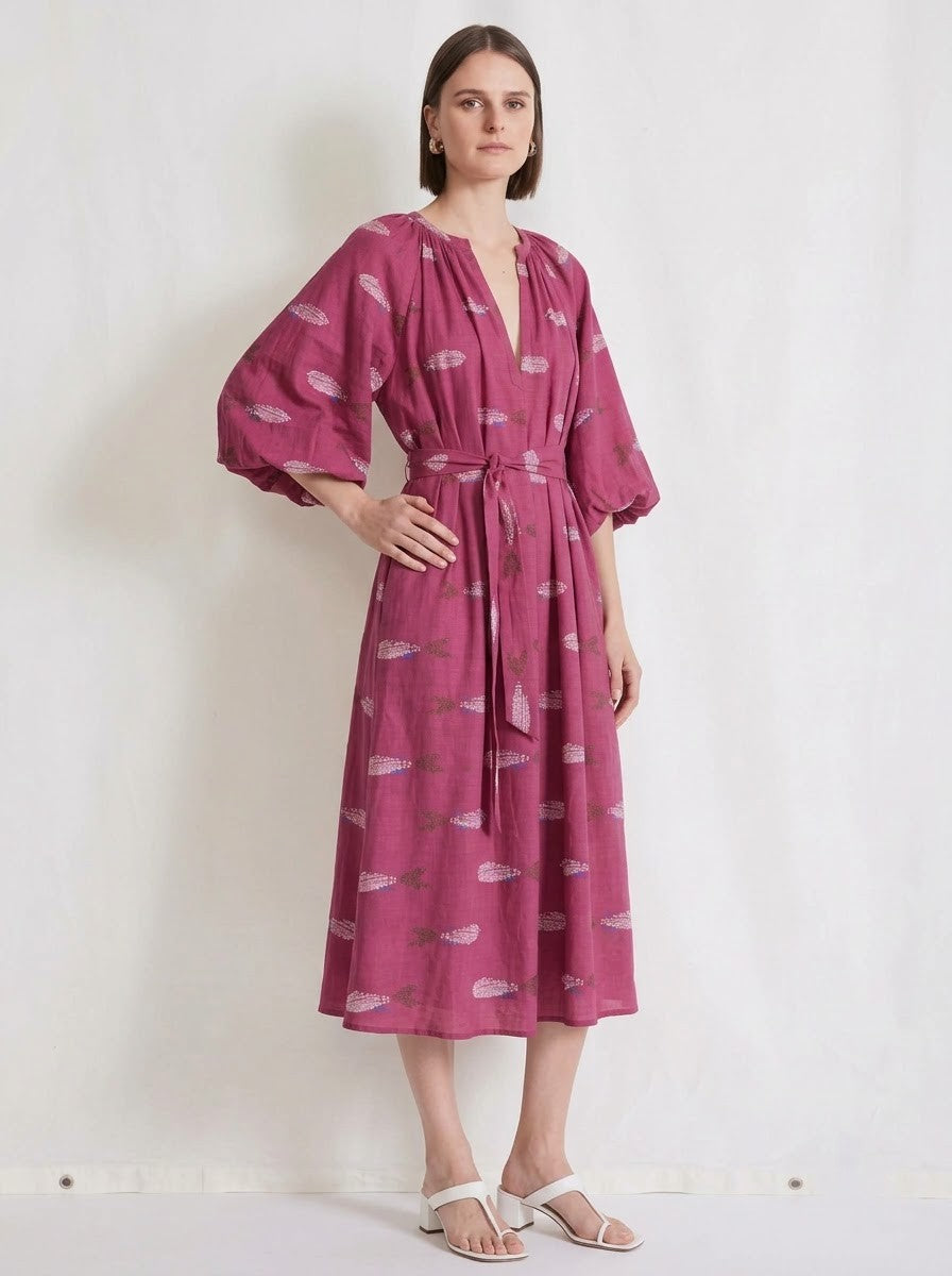 Magenta Pink Printed Belted V-Neck Midi Dress